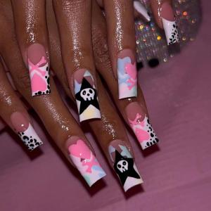 imageBABALAL Long Press on Nails Square Fake Nails Black White Gothic Glue ons Polka Dot Design Ghost Horror Halloween Pumpkin Bow Charm Trendy 24Pcs Glossy Acrylic False NailsANHA201cute