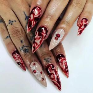 imageBABALAL Long Press on Nails Square Fake Nails Black White Gothic Glue ons Polka Dot Design Ghost Horror Halloween Pumpkin Bow Charm Trendy 24Pcs Glossy Acrylic False NailsANHA201spooky