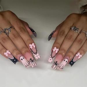 imageBABALAL Long Press on Nails Square Fake Nails Black White Gothic Glue ons Polka Dot Design Ghost Horror Halloween Pumpkin Bow Charm Trendy 24Pcs Glossy Acrylic False NailsANHA201polkadot