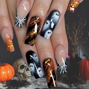 imageBABALAL Long Press on Nails Square Fake Nails Black White Gothic Glue ons Polka Dot Design Ghost Horror Halloween Pumpkin Bow Charm Trendy 24Pcs Glossy Acrylic False NailsANHA201