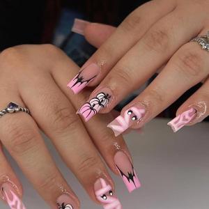 imageBABALAL Long Press on Nails Square Fake Nails Black White Gothic Glue ons Polka Dot Design Ghost Horror Halloween Pumpkin Bow Charm Trendy 24Pcs Glossy Acrylic False NailsANHA201pink