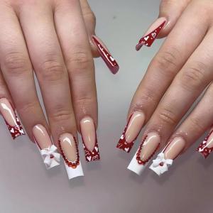imageBABALAL Pink Press on Nails French Tip Fake Nails  Long Square Ombre Zebra Print French Tip with Charm 3D Flower Handmade 24Pcs Glossy Full Cover Acrylic False NailsCRJL04heart