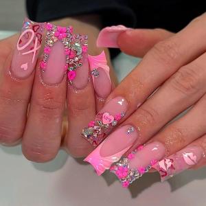 imageBABALAL Pink Press on Nails French Tip Fake Nails  Long Square Ombre Zebra Print French Tip with Charm 3D Flower Handmade 24Pcs Glossy Full Cover Acrylic False NailsCRJL02pink