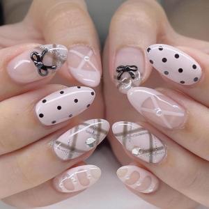 imageBABALAL Polka Dot Press On Nails 24Pcs Reusable Fake Nails  Medium Almond Pink French Tip 3D Bow Charm with Rhinestone 24Pcs Glossy Trendy Acrylic False Nails for Women GirlsANI05polkadot