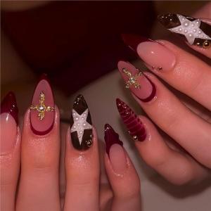 imageBABALAL Polka Dot Press On Nails 24Pcs Reusable Fake Nails  Medium Almond Pink French Tip 3D Bow Charm with Rhinestone 24Pcs Glossy Trendy Acrylic False Nails for Women GirlsANI05red