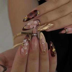 imageBABALAL Polka Dot Press On Nails 24Pcs Reusable Fake Nails  Medium Almond Pink French Tip 3D Bow Charm with Rhinestone 24Pcs Glossy Trendy Acrylic False Nails for Women GirlsANI02brown