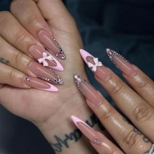 imageBABALAL Polka Dot Press On Nails 24Pcs Reusable Fake Nails  Medium Almond Pink French Tip 3D Bow Charm with Rhinestone 24Pcs Glossy Trendy Acrylic False Nails for Women GirlsANI06