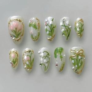 imageBABALAL Polka Dot Press On Nails 24Pcs Reusable Fake Nails  Medium Almond Pink French Tip 3D Bow Charm with Rhinestone 24Pcs Glossy Trendy Acrylic False Nails for Women GirlsANI03green