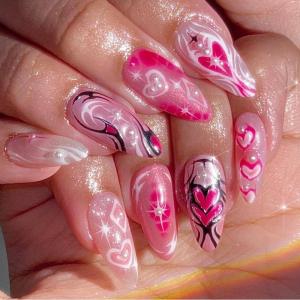 imageBABALAL Polka Dot Press On Nails 24Pcs Reusable Fake Nails  Medium Almond Pink French Tip 3D Bow Charm with Rhinestone 24Pcs Glossy Trendy Acrylic False Nails for Women GirlsANI19