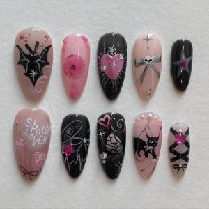 imageBABALAL Polka Dot Press On Nails 24Pcs Reusable Fake Nails  Medium Almond Pink French Tip 3D Bow Charm with Rhinestone 24Pcs Glossy Trendy Acrylic False Nails for Women GirlsANI01