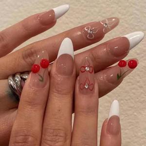 imageBABALAL Polka Dot Press On Nails Brown Fall Fake Nails  Medium Almond French Tip Flower 24Pcs Glossy Acrylic False Nails for Women GirlsFNn02cherry