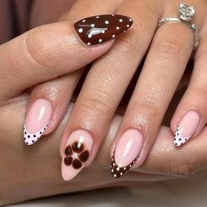 imageBABALAL Polka Dot Press On Nails Brown Fall Fake Nails  Medium Almond French Tip Flower 24Pcs Glossy Acrylic False Nails for Women GirlsFNn03polkadot