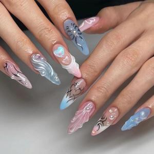 imageBABALAL Polka Dot Press On Nails Brown Fall Fake Nails  Medium Almond French Tip Flower 24Pcs Glossy Acrylic False Nails for Women GirlsFNn04heart