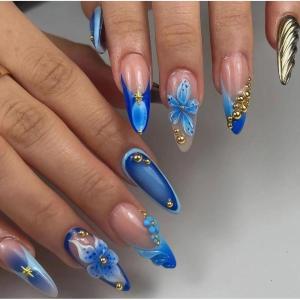 imageBABALAL Polka Dot Press On Nails Brown Fall Fake Nails  Medium Almond French Tip Flower 24Pcs Glossy Acrylic False Nails for Women GirlsFNn05blue