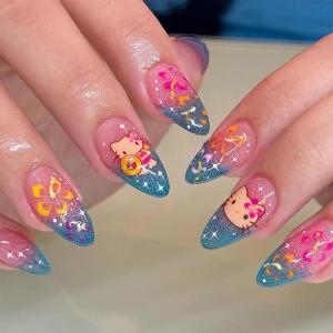 imageBABALAL Polka Dot Press On Nails Brown Fall Fake Nails  Medium Almond French Tip Flower 24Pcs Glossy Acrylic False Nails for Women GirlsFNn05kitten