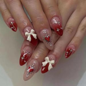 imageBABALAL Polka Dot Press On Nails Brown Fall Fake Nails  Medium Almond French Tip Flower 24Pcs Glossy Acrylic False Nails for Women GirlsFNn06bow