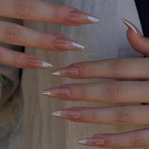 imageBABALAL Polka Dot Press On Nails Brown Fall Fake Nails  Medium Almond French Tip Flower 24Pcs Glossy Acrylic False Nails for Women GirlsFNn08chrome