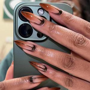 imageBABALAL Polka Dot Press On Nails Brown Fall Fake Nails  Medium Almond French Tip Flower 24Pcs Glossy Acrylic False Nails for Women GirlsFNn16brown