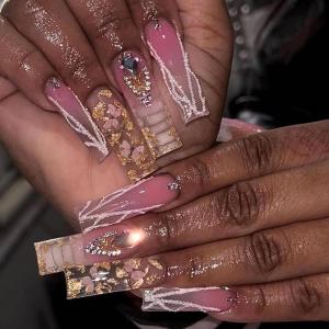 imageBABALAL Press On Fake Nails  Long Square Black Red French Tip with Gold Charm Luxury Bow Flower Trendy Acrylic False Nails with GlueFNP01pink