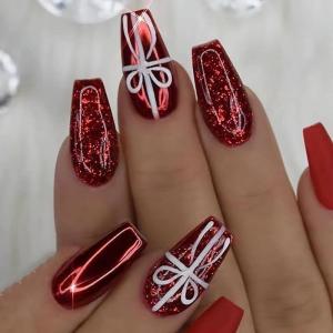imageBABALAL Press On Fake Nails  Long Square Black Red French Tip with Gold Charm Luxury Bow Flower Trendy Acrylic False Nails with GlueFNP04red