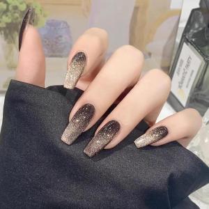 imageBABALAL Press On Fake Nails  Long Square Black Red French Tip with Gold Charm Luxury Bow Flower Trendy Acrylic False Nails with GlueFNP07black