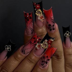 imageBABALAL Press On Fake Nails  Long Square Black Red French Tip with Gold Charm Luxury Bow Flower Trendy Acrylic False Nails with GlueFNP07br