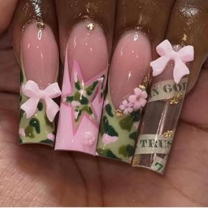 imageBABALAL Press On Fake Nails  Long Square Black Red French Tip with Gold Charm Luxury Bow Flower Trendy Acrylic False Nails with GlueFNP14camouflage