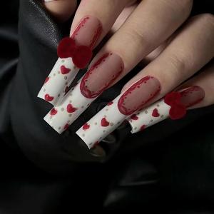 imageBABALAL Press On Fake Nails  Long Square Black Red French Tip with Gold Charm Luxury Bow Flower Trendy Acrylic False Nails with GlueFNP20heart