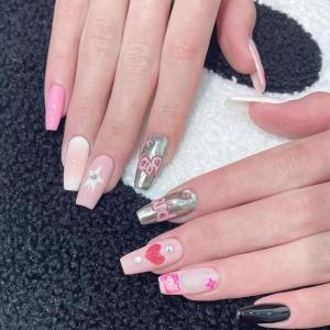 imageBABALAL Press On Fake Nails  Long Square Black Red French Tip with Gold Charm Luxury Bow Flower Trendy Acrylic False Nails with GlueFNP20mirror