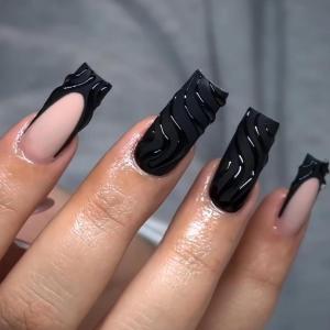 imageBABALAL Press On Fake Nails  Long Square Black Red French Tip with Gold Charm Luxury Bow Flower Trendy Acrylic False Nails with GlueFNP21goth