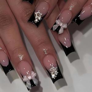 imageBABALAL Press On Fake Nails  Long Square Black Red French Tip with Gold Charm Luxury Bow Flower Trendy Acrylic False Nails with GlueFNP22black