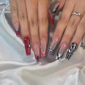 imageBABALAL Press On Fake Nails  Long Square Black Red French Tip with Gold Charm Luxury Bow Flower Trendy Acrylic False Nails with GlueFNP29spider