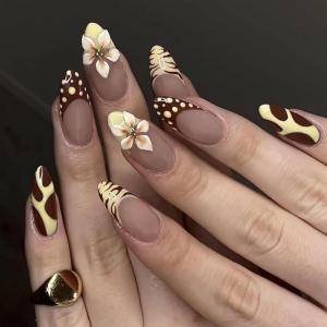 imageBABALAL Press on Nails Green Fake Nails  Medium Almond Cute Rabbit Strawberry 3D Design Handmade 24pcs Glossy Full Cover Acrylic False NailsBNU03brown