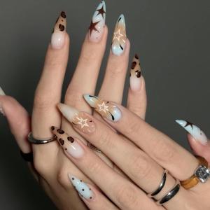 imageBABALAL Press on Nails Long Stiletto Fake Nails Brown Cheetah French tip Glue on Blue Y2k Star Design 24Pcs Glossy Fall Manicure Full Cover False NailsBNT105