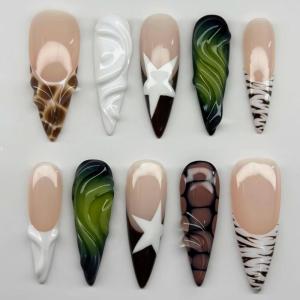 imageBABALAL Press on Nails Long Stiletto Fake Nails Brown Cheetah French tip Glue on Blue Y2k Star Design 24Pcs Glossy Fall Manicure Full Cover False NailsBNT103