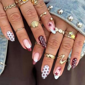 imageBABALAL Press on Nails Oval Medium Fake Nails Red White Polka Dot Design Star Y2k Glue on Acrylic Nails 24Pcs Glossy Round Manicure Trendy SuppliesCRJH02polkadot