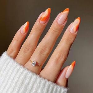 imageBABALAL Press on Nails Oval Medium Fake Nails Red White Polka Dot Design Star Y2k Glue on Acrylic Nails 24Pcs Glossy Round Manicure Trendy SuppliesCRJH01orange