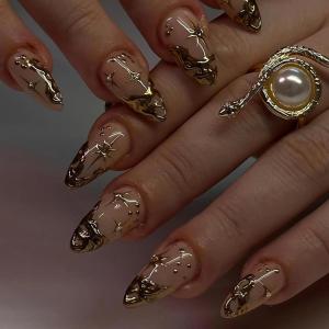 imageBABALAL Press on Nails Oval Medium Fake Nails Red White Polka Dot Design Star Y2k Glue on Acrylic Nails 24Pcs Glossy Round Manicure Trendy SuppliesCRJH08gold