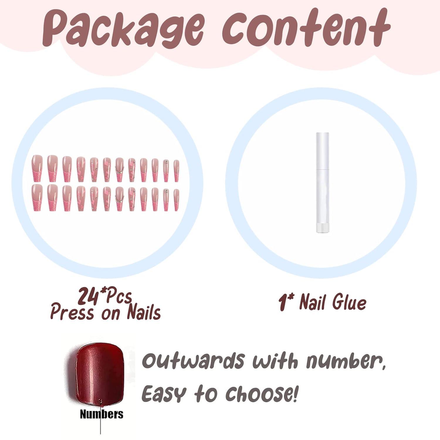 imageBABALAL Christmas Press on Nails Long Coffin Fake Nails Red Glue on Snowflake Design Xmas False Acrylic Nails 24Pcs Matte Ballerina Stick onFna101pink