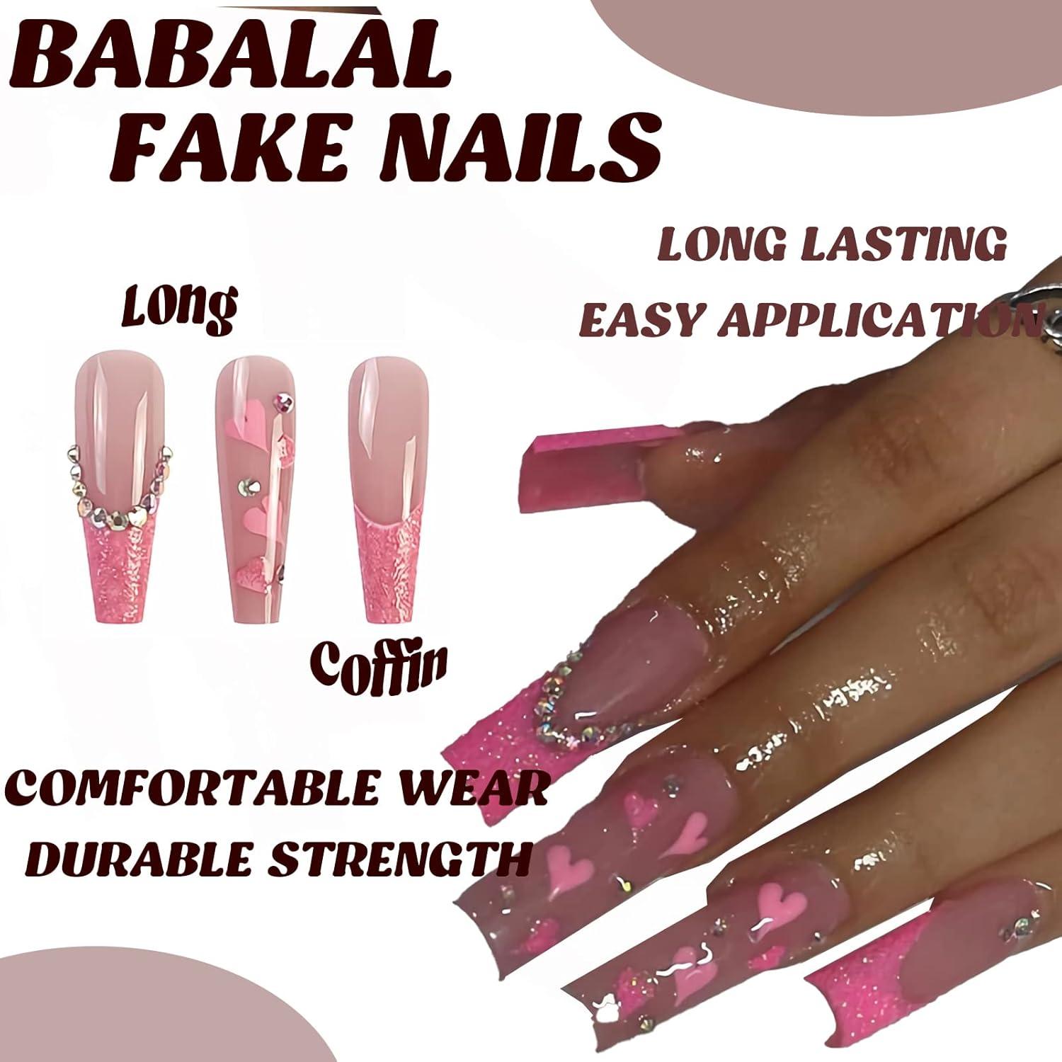 imageBABALAL Christmas Press on Nails Long Coffin Fake Nails Red Glue on Snowflake Design Xmas False Acrylic Nails 24Pcs Matte Ballerina Stick onFna101pink