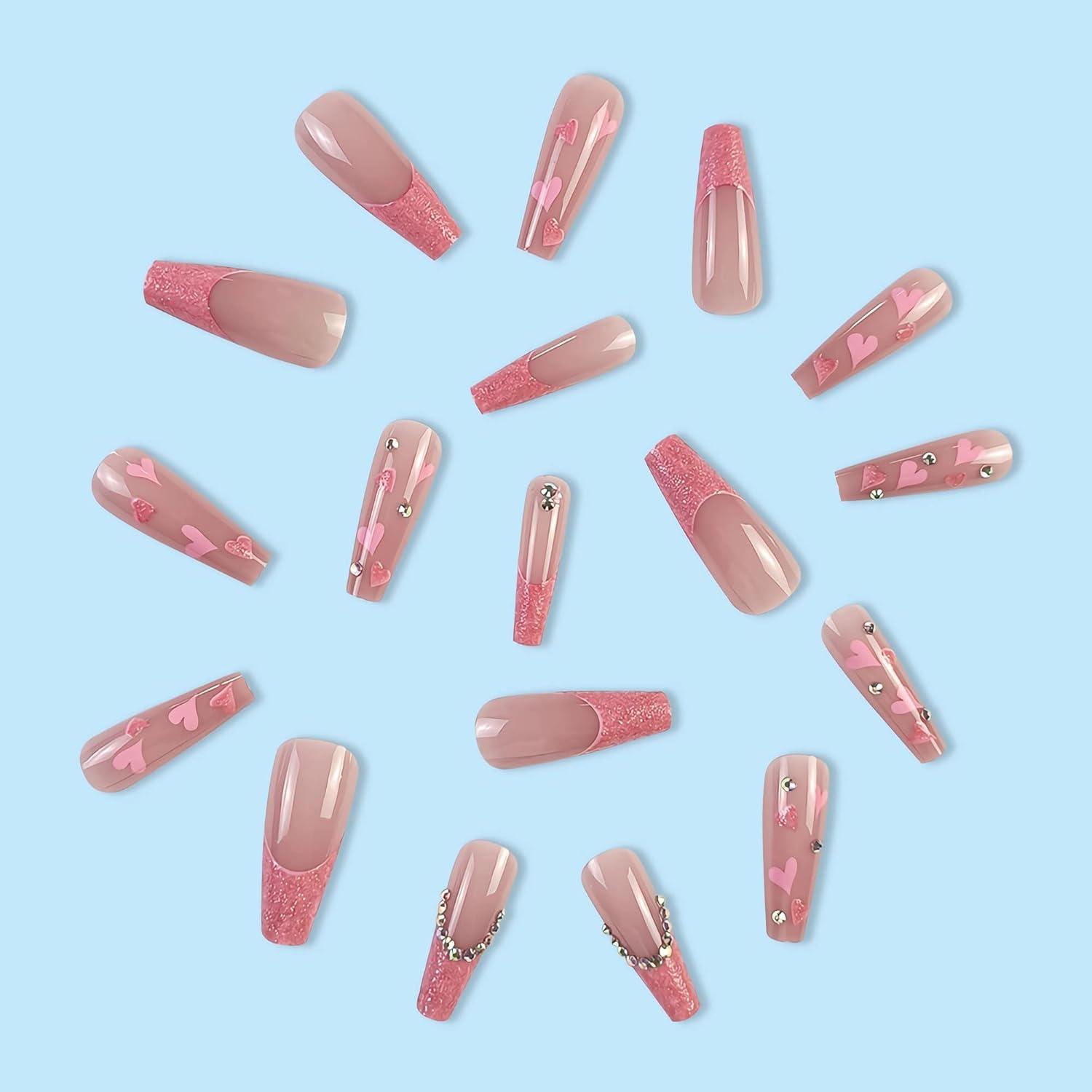 imageBABALAL Christmas Press on Nails Long Coffin Fake Nails Red Glue on Snowflake Design Xmas False Acrylic Nails 24Pcs Matte Ballerina Stick onFna101pink