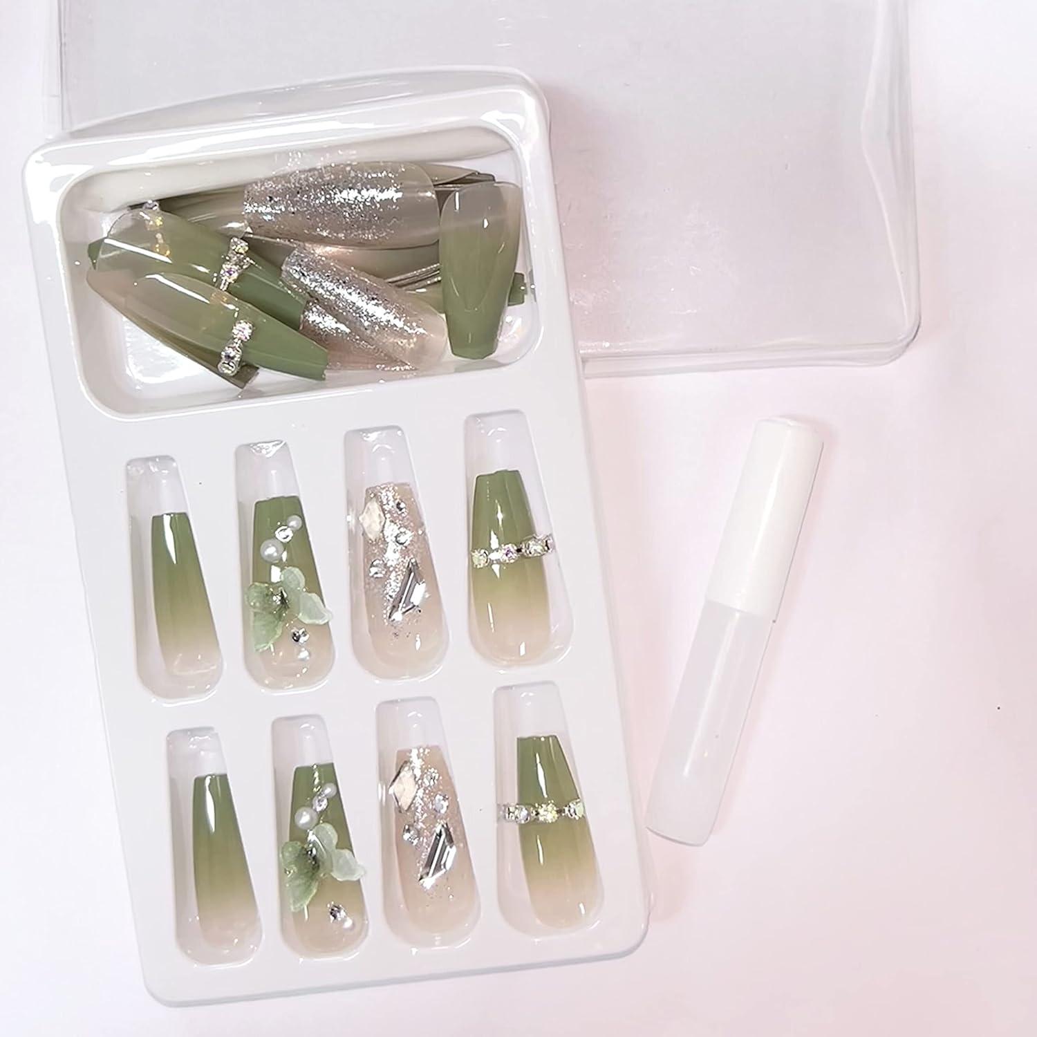 imageBABALAL Christmas Press on Nails Long Coffin Fake Nails Red Glue on Snowflake Design Xmas False Acrylic Nails 24Pcs Matte Ballerina Stick onFna102green