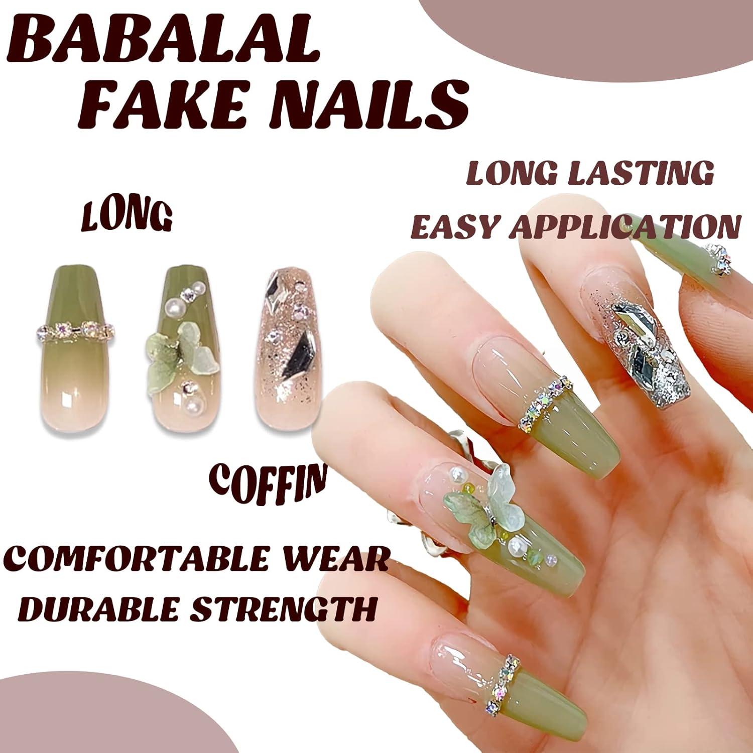 imageBABALAL Christmas Press on Nails Long Coffin Fake Nails Red Glue on Snowflake Design Xmas False Acrylic Nails 24Pcs Matte Ballerina Stick onFna102green