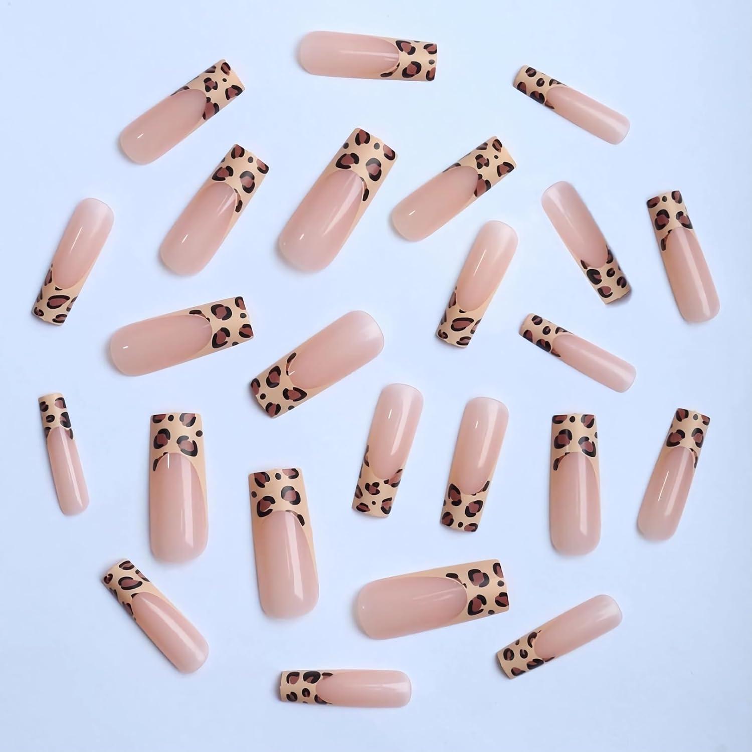 imageBABALAL Christmas Press on Nails Long Coffin Fake Nails Red Glue on Snowflake Design Xmas False Acrylic Nails 24Pcs Matte Ballerina Stick onFna103cheetah