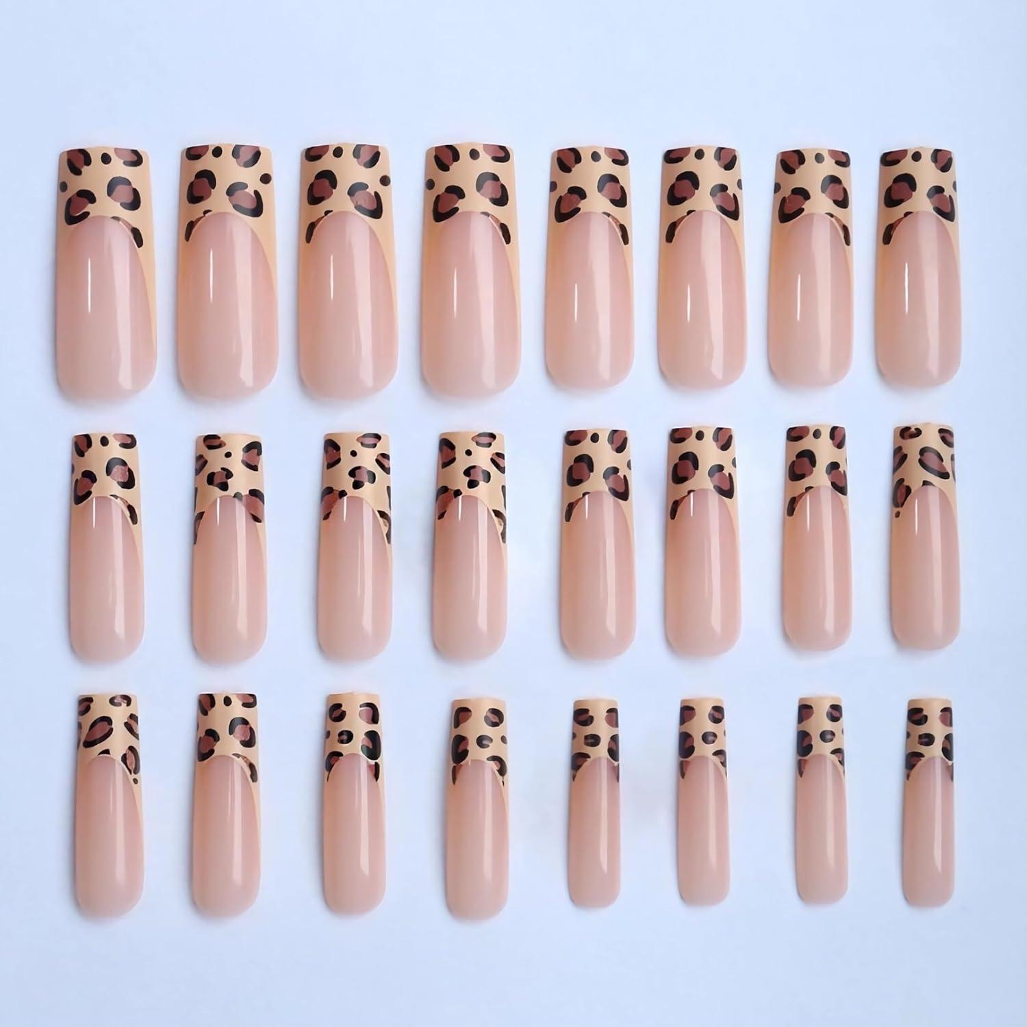 imageBABALAL Christmas Press on Nails Long Coffin Fake Nails Red Glue on Snowflake Design Xmas False Acrylic Nails 24Pcs Matte Ballerina Stick onFna103cheetah