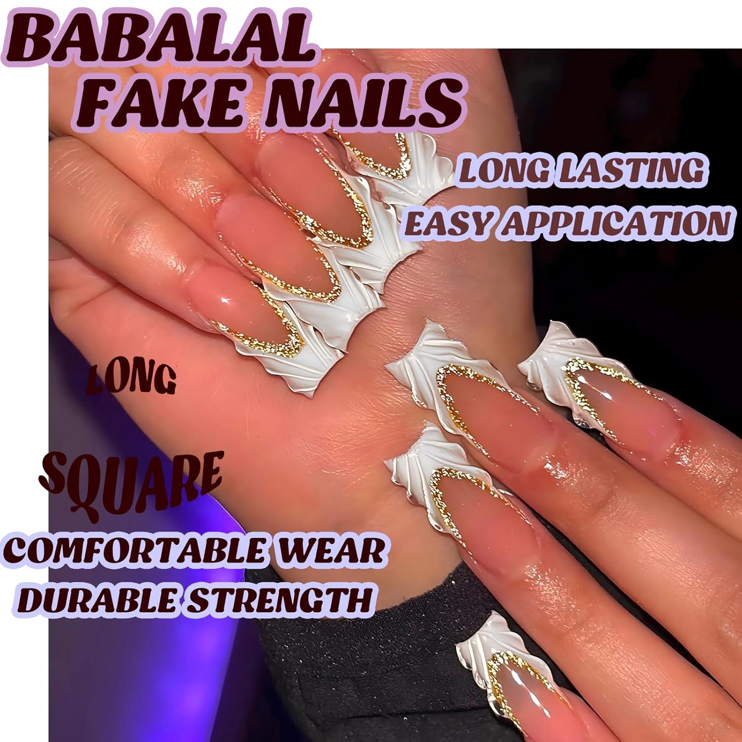 imageBABALAL Christmas Press on Nails Long Coffin Fake Nails Red Glue on Snowflake Design Xmas False Acrylic Nails 24Pcs Matte Ballerina Stick onFna103dwhite