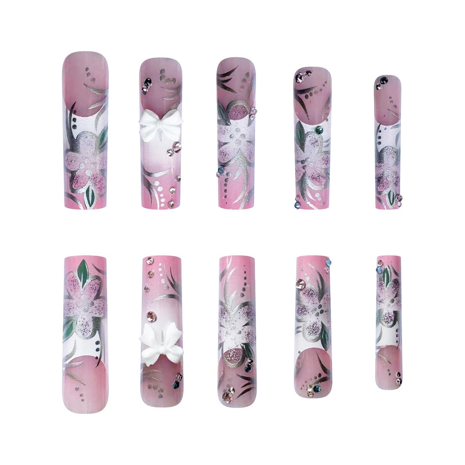 imageBABALAL Christmas Press on Nails Long Coffin Fake Nails Red Glue on Snowflake Design Xmas False Acrylic Nails 24Pcs Matte Ballerina Stick onFna103pink