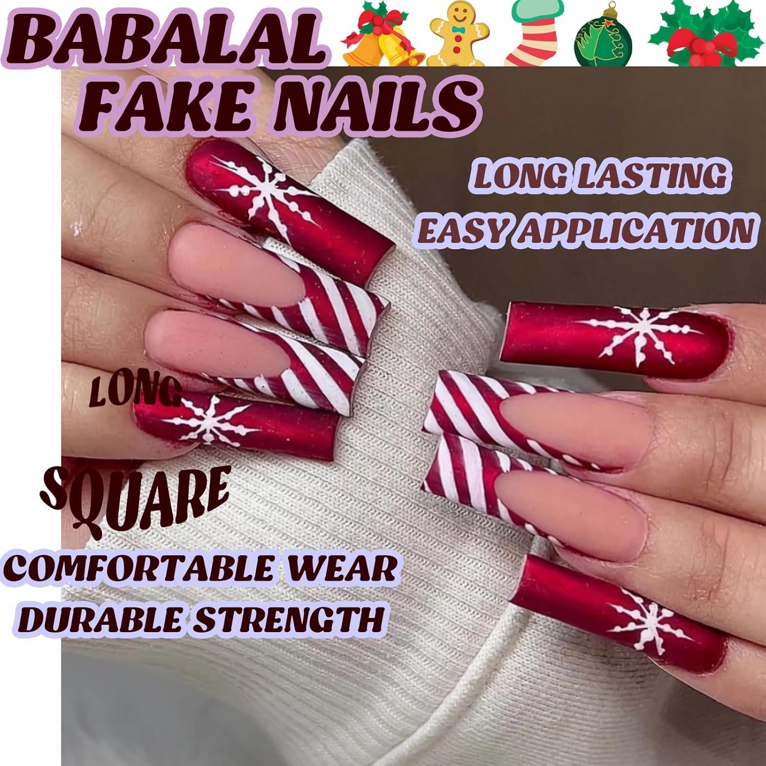 imageBABALAL Christmas Press on Nails Long Coffin Fake Nails Red Glue on Snowflake Design Xmas False Acrylic Nails 24Pcs Matte Ballerina Stick onFna103xmas