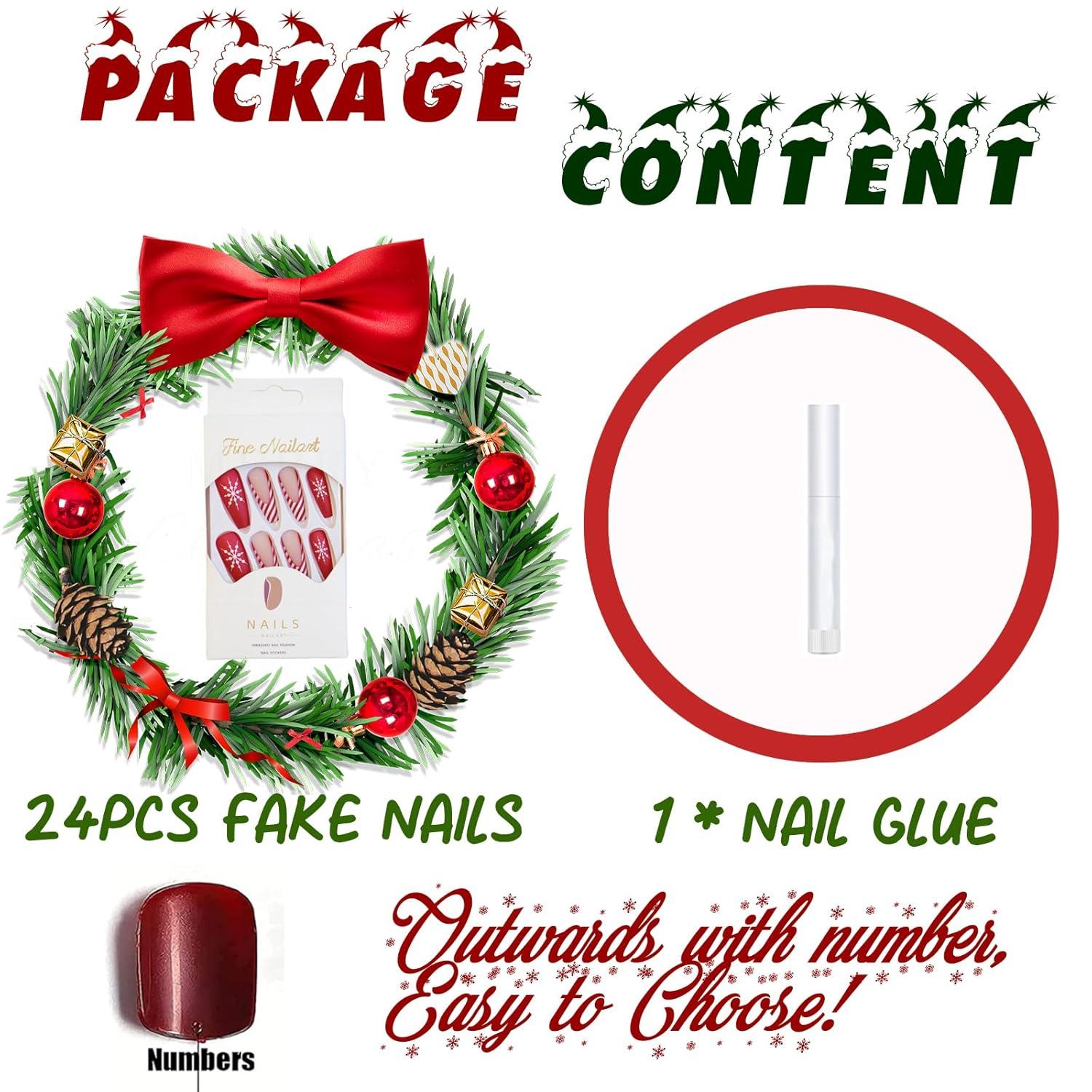 imageBABALAL Christmas Press on Nails Long Coffin Fake Nails Red Glue on Snowflake Design Xmas False Acrylic Nails 24Pcs Matte Ballerina Stick onFna103xmas