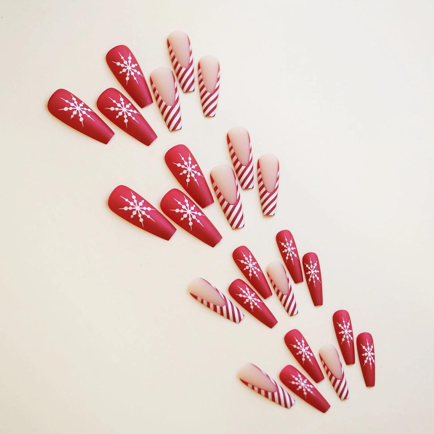 imageBABALAL Christmas Press on Nails Long Coffin Fake Nails Red Glue on Snowflake Design Xmas False Acrylic Nails 24Pcs Matte Ballerina Stick onFna103xmas